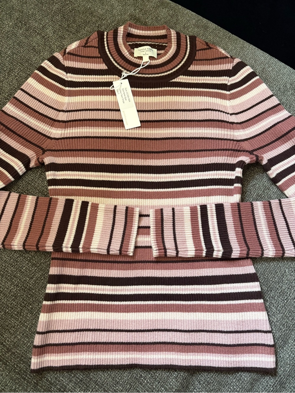 Gentle Fawn Rose, Blush & Brown Striped Ribbed Crewneck Sweater